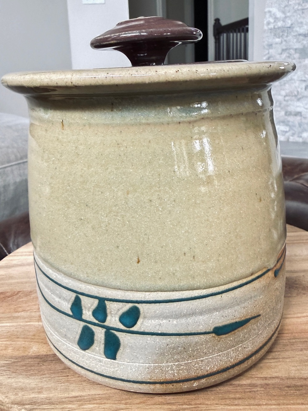 Small Vintage Studio Pottery Lidded Crock Jar - Cobalt Blue Leaf Motif